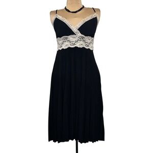 Vtg Y2K XOXO Black Lace Trim Babydoll Cami Dress Pleated Midi Made in USA Medium